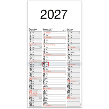 BÜHNER Calendario di 3 mesi 2027 M3TE-R-BLOCK ML 30x59cm
