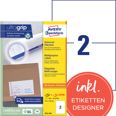AVERY ZWECKFORM Etiketten 210×148mm 3655-200 weiss 440 Stk./200+20 Blatt