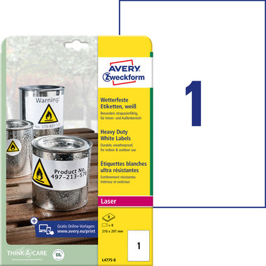 AVERY ZWECKFORM Wetterfeste-Etikett. 210x297mm L4775-8 weiss 8 Blatt/8 Stk.