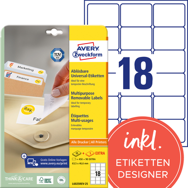 AVERY ZWECKFORM Etiketten 63,5×46,6mm L6025REV2 weiss 540 Stk./25 + 5 Blatt