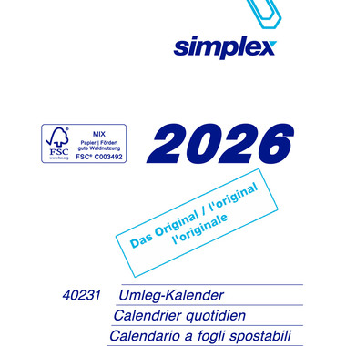 SIMPLEX Calendrier 2026 40231.26 pour cal. Pupitre 12.1x17.3cm