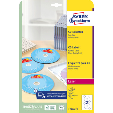 AVERY ZWECKFORM CD-Etiketten Supersize 117mm L7760-25 bianco, glossy 50 pezzi