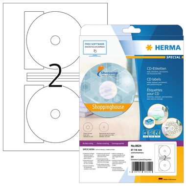 HERMA CD Etiketten weiss, Ø 116mm 8624 20 Stk. / 10 Blatt