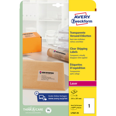 AVERY ZWECKFORM Adressetiketten 210x297mm L7567-25 Laser, transp. 25Stk./25Bl.