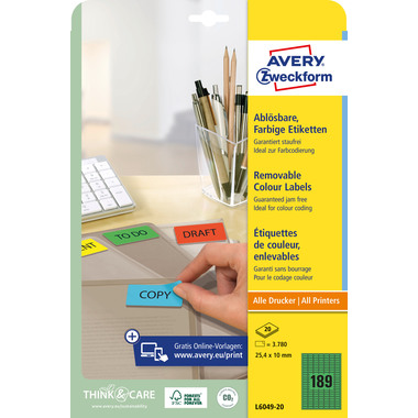 AVERY ZWECKFORM Étiquettes 25,4x10mm L6049-20 vert 3780pcs./20fl.