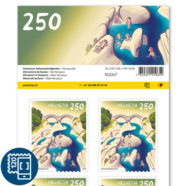 Francobolli CHF 2.50 «Valle Verzasca», Foglio da 10 francobolli Foglio «Attrazioni in Svizzera», autoadesiva, senza annullo