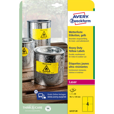 AVERY ZWECKFORM Etiquettes plaques 99,1x139mm L612720 jaune 80 pcs./20 feuilles