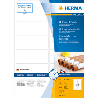 HERMA Folienetiketten 99,1x42,3mm 9538 weiss,PP matt 480 Stk./40 Bl.