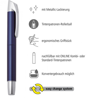 ONLINE Cartouche Rollerball 0.7mm 61153/3D Metallic Blue, bleu