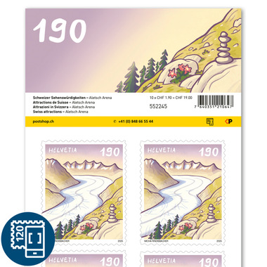 Francobolli CHF 1.90 «Aletsch Arena», Foglio da 10 francobolli Foglio «Attrazioni in Svizzera», autoadesiva, senza annullo