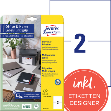 AVERY ZWECKFORM Universal-Etiketten 210x148mm 3655-10 weiss 20 Stk./10 Blatt