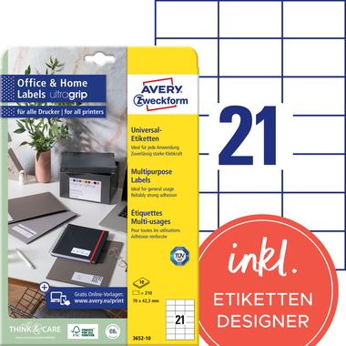 AVERY ZWECKFORM Universal-Etiketten 70x42,3mm 3652-10 weiss 210 Stk./10 Blatt