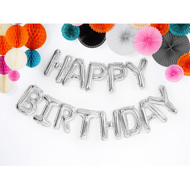 PARTYDECO Ballon en plastique 340x35cm FB6M-018 Happy Birthday argent