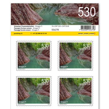 Briefmarken CHF 5.30 «Breggia TI», Bogen mit 10 Marken Bogen «Schweizer Flusslandschaften», selbstklebend, ungestempelt