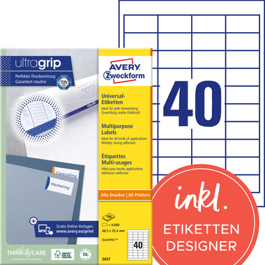 AVERY ZWECKFORM Étique. univers. 48,5x25,4mm 3657 blanc 4000 pcs./100 flls.