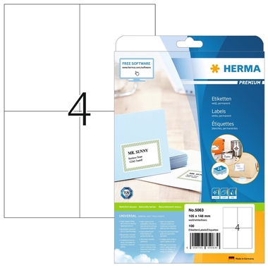 HERMA Etiketten PREMIUM 105x148mm 5063 weiss,perm. 100 St./25 Bl.