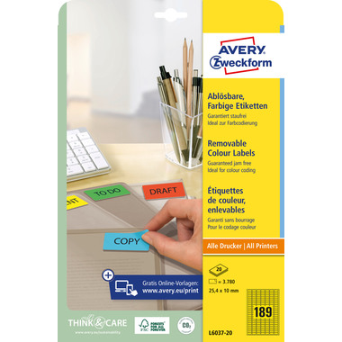 AVERY ZWECKFORM Étiquettes 25,4x10mm L6037-20 jaune 3780pcs./20fl.