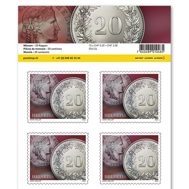 Briefmarken CHF 0.20 «20 Rappen», Bogen mit 10 Marken Bogen «Münzen», selbstklebend, ungestempelt
