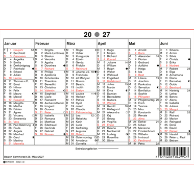 SIMPLEX Wandkalender m.Namenstag 2027 4032440.27 6M/1S rot/weiss DE A5 quer