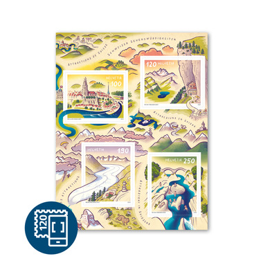 Briefmarken CHF 1.00/1.20/1.90/2.50 «Schweizer Sehenswürdigkeiten», Spezialbogen mit 4 Marken Bogen «Schweizer Sehenswürdigkeiten», selbstklebend, ungestempelt