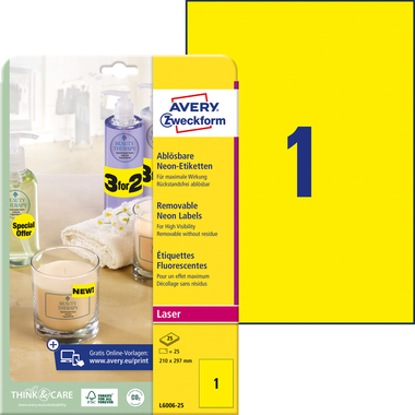 AVERY ZWECKFORM Etiketten 210x297mm L6006-25 gelb,non-perm. 25 Stk./25 Bl.