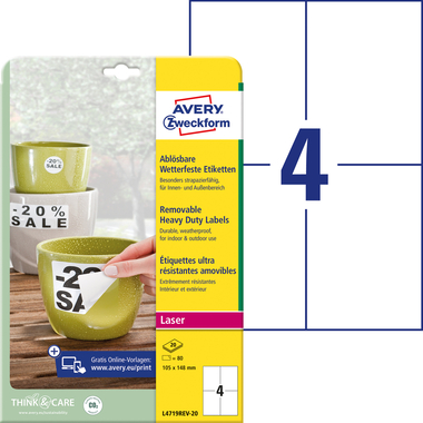 AVERY ZWECKFORM Etiquettes Laser 105x148mm L4719REV2 blanc,imperméable redec. 20f.