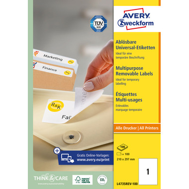 AVERY ZWECKFORM Étiquett.univers. 210x297mm L4735REV-100 blanc,non-perm. 100pcs./100fl.