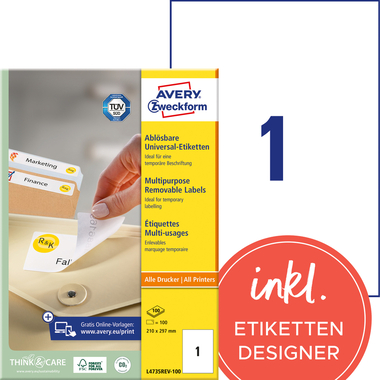 AVERY ZWECKFORM Étiquett.univers. 210x297mm L4735REV-100 blanc,non-perm. 100pcs./100fl.