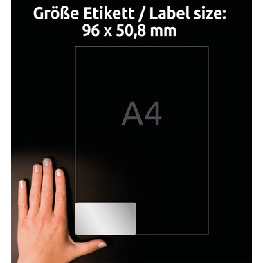 AVERY ZWECKFORM Typenschild-Labels 96x50,8mm L6012-20 silber, Laser 200 St./20 Blatt