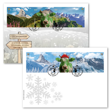 Bundle enveloppes spéciales Crypto Stamps CHLI + CHLI 2.0, Vert Bundle timbres isolés (4 timbres, valeur d'affranchissement CHF 34.00) sur 2 enveloppes spéciales C5, oblitéré