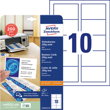 AVERY ZWECKFORM Prof. Visitenkarten Univer. A4 C32010-10 200g matt 10 Blatt