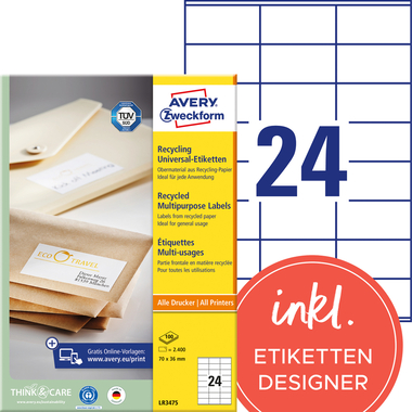 AVERY ZWECKFORM Etiquettes 70x36mm LR3475 recycling 2400 pcs.