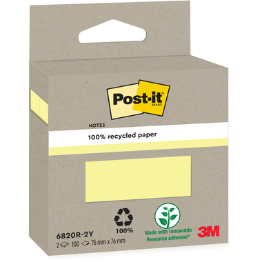 POST-IT Bloc-notes recycl. 76x76mm 6820R-2Y jaune 2x100 flls.
