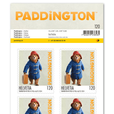 Briefmarken CHF 1.20 «Koffer», Bogen mit 10 Marken Bogen «Paddington», selbstklebend, ungestempelt