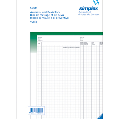 SIMPLEX Ausmassbuch A4 15103 grün/weiss 50x2 Blatt
