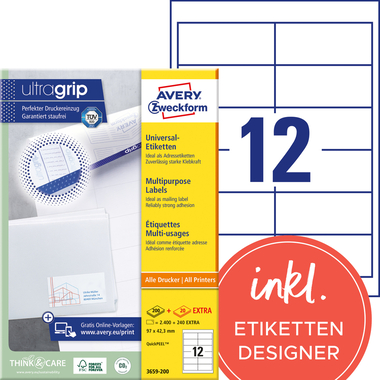 AVERY ZWECKFORM Etiketten 97x42,3mm 3659-200 weiss 2640 Stk./200+20 Blatt