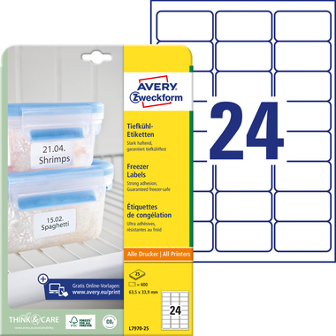 AVERY ZWECKFORM Etiquettes frigo 63,5x33,9mm L7970-25 600 pcs.