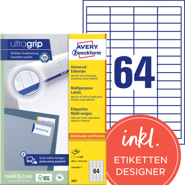 AVERY ZWECKFORM Universal-Etikett. 48.5x16.9mm 3667 weiss 6400 Stk./100 Blatt