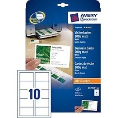 AVERY ZWECKFORM Carte de visite mat 85x54mm C32011-25 Univer.200g,blanc 25f./10pcs.