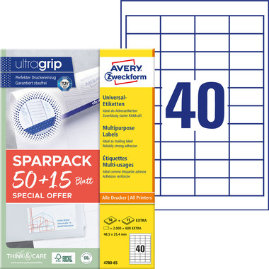 AVERY ZWECKFORM Universal-Etiketten 485x254mm 4780-65 weiss 50+15 Blatt