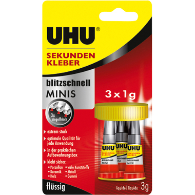 UHU Sekundenkleber blitzschnell 45415 Minis, flüssig, Blister 3x1g