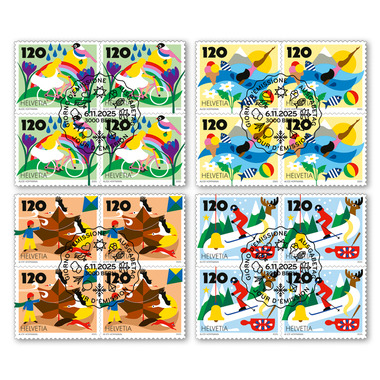 Série de blocs de quatre «Saisons» Série de blocs de quatre (16 timbres, valeur d'affranchissement CHF 19.20), autocollant, oblitéré