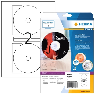 HERMA CD-Etiketten Ø116mm 4850 50 Stück, 25 Blatt