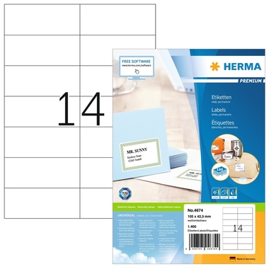 HERMA Universal-Etiketten 105x42,3mm 4674 weiss 1400 St./100 Blatt