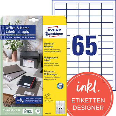 AVERY ZWECKFORM Universal-Etiketten 38x21,2mm 3666-10 weiss 650 Stk./10 Blatt