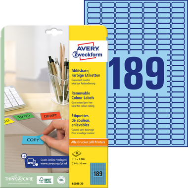 AVERY ZWECKFORM Etiketten 25,4x10mm L6048-20 blau 3780Stk./20Bl.
