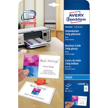 AVERY ZWECKFORM Visitenkarten 85x54mm/A4 C32028-25 weiss, glossy, 250g 200 Stück