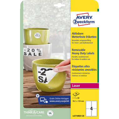 AVERY ZWECKFORM Folienetiketten 99,1x139mm L4774REV2 weiss,non-perm. 80 St. 20 Bl.