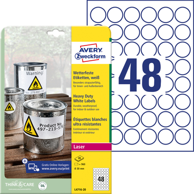 AVERY ZWECKFORM Étiquettes Film 30mm L4716-20 blanc, perm. 960 pcs./20 f.