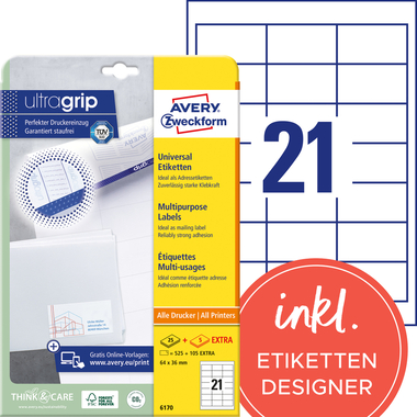 AVERY ZWECKFORM Universaletiketten 64x36mm 6170 weiss 630 Stk./25 + 5 Blatt